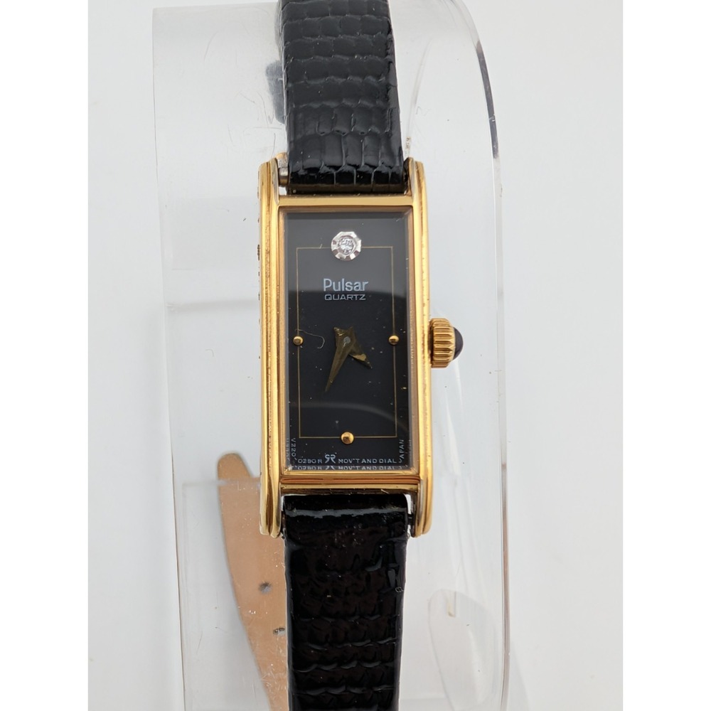 Pulsar V220-5180 Women's Watch 12mm Black Dial Gold Tone Leather- New Batterry